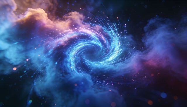 Swirling luminous vortex of blue-cyan light above nebula clouds with cosmic glow