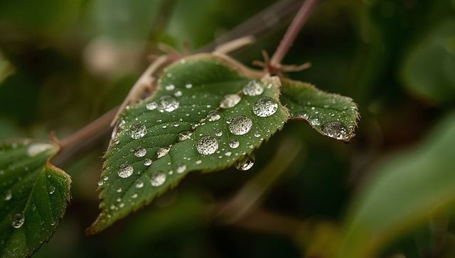 Dew-covered serrated leaf macro with crystal water droplets and soft green bokeh
