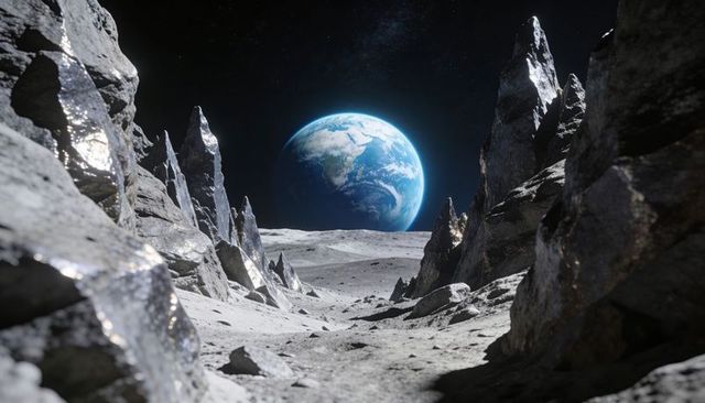 Lunar valley revealing jagged spires and blue earth rising above cratered horizon
