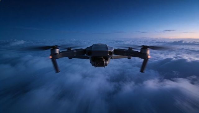 Foldable Quadcopter Hovering Above Clouds at Twilight with Stabilized Front Camera