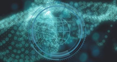 Holographic teal globe rotating in futuristic hud with particle ribbon and neon rings