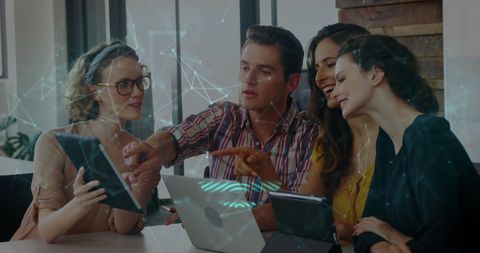 Diverse Team Collaborating with Digital Technology and Data Visualization