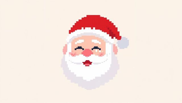 Smiling pixel-art santa claus head glowing on minimal beige background retro 8-bit holiday