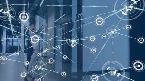 Digital Network Overlay with Businesswoman in Office Setting