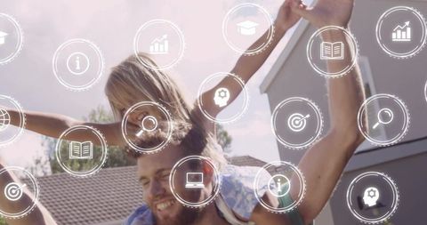 Father carrying daughter on shoulders with digital learning and smart home tech icons
