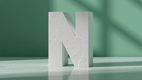 White marble letter n casting shadows in contemporary gallery