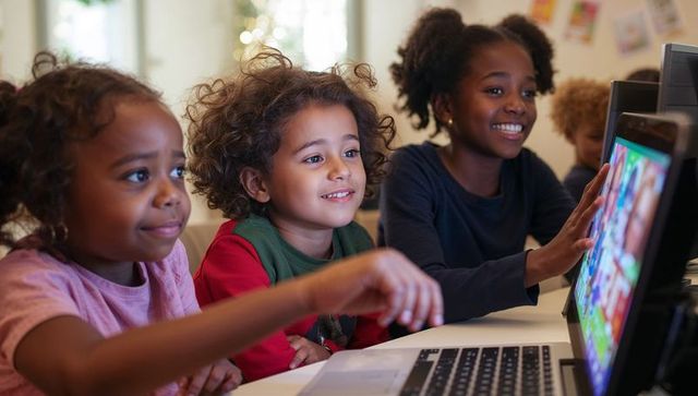 Schoolchildren Engaging with Touchscreen Technology in Classroom