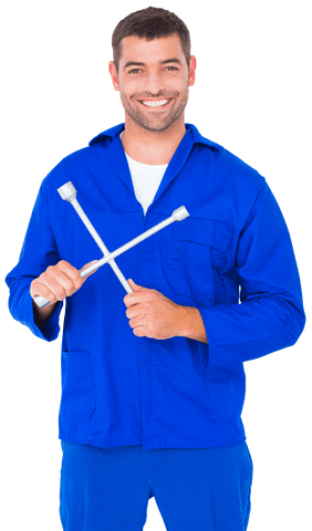 Smiling Mechanic in Blue Uniform Holding Transparent Lug Wrench