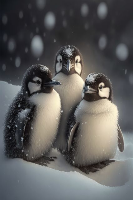 Three baby penguins huddled in a snowy environment during snowfall, showcasing winter and wildlife. Perfect for use in winter-themed projects, educational materials about wildlife, and promotional materials for nature documentaries or conservation efforts. The image emphasizes the cuteness of young animals and the harsh conditions of their natural habitat.