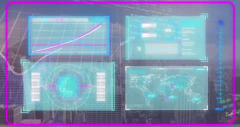 Futuristic Interface with Data Visualization Over Cityscape