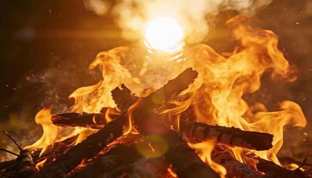 Crackling campfire on stacked charred logs sending glowing embers and sparks at golden hour