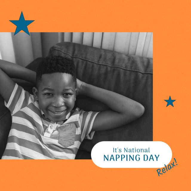 This image depicts a smiling African American boy lying on his back in a casual and relaxed position. Perfect for campaigns and materials promoting National Napping Day, self-care, rest, relaxation, or childhood happiness. Can be used in social media, blog posts, advertisements, or articles celebrating relaxation and well-being.