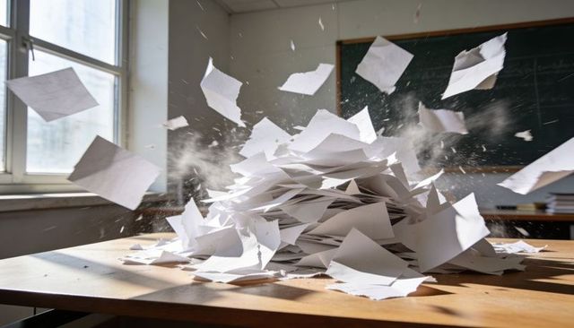 Scattering papers on sunlit classroom desk capturing dust, motion and exam chaos