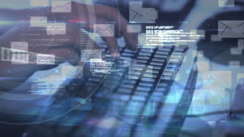 Hands Typing on Keyboard with Digital Data Overlay