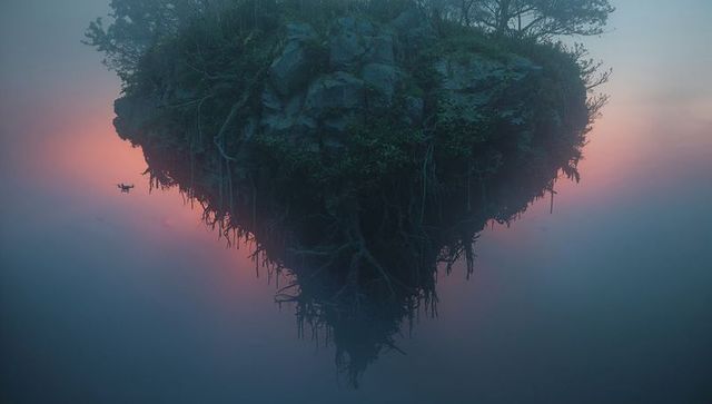 Floating rock island with drone in misty sunrise atmosphere