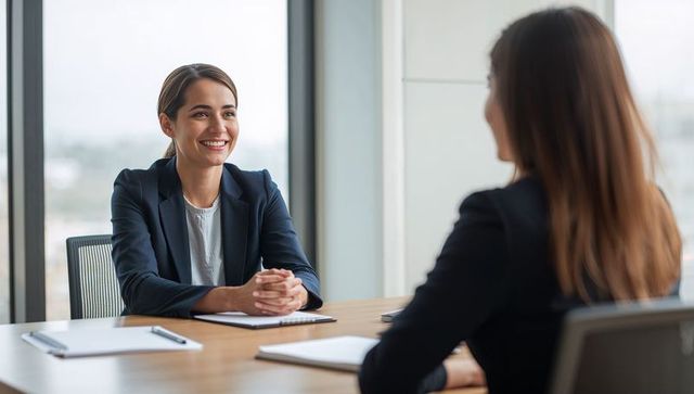 Smiling businesswoman conducting interview in modern office, meeting and collaboration