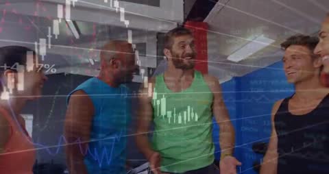 Gym group discussing training progress with finance chart overlay representing teamwork