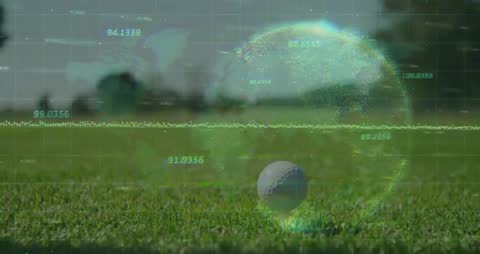 Golf Ball and Technological Data Overlay on Green Field
