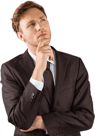 Thoughtful Businessman in Suit Reflecting, Isolated on Transparent Background
