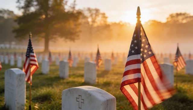 Waving american flags over military cemetery at sunrise with mist and marble headstones