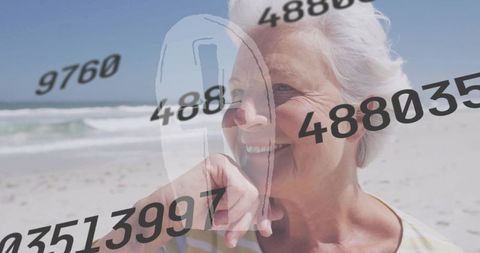Smiling senior woman holding chin on sunny beach with numeric overlay and sandal outline