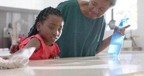 African american grandmother teaching granddaughter to clean kitchen counter together