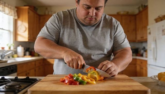Home cook slicing colorful bell peppers on wooden cutting board in rustic kitchen