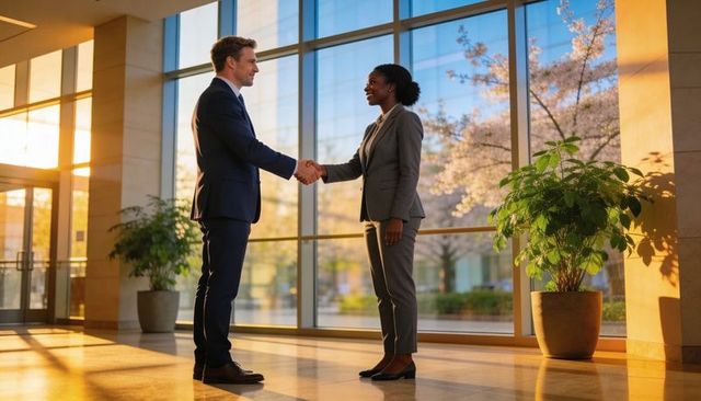 Sunlit corporate handshake between caucasian man and black woman in modern glass atrium