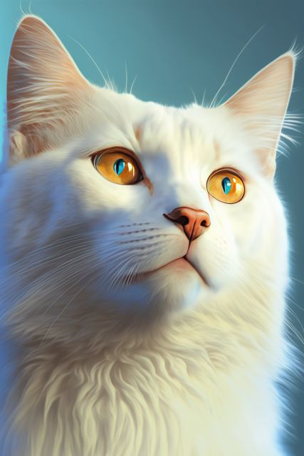 Majestic white cat with striking amber eyes staring distantly against light blue background. Ideal for pet-related promotions, veterinary services, animal-themed prints, or home decor. Excellent for drawing attention to elegance, beauty and curiosity of felines.