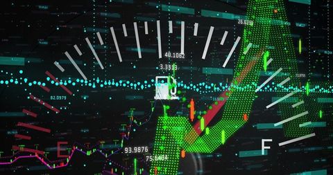 Futuristic financial dashboard display with growth indicator