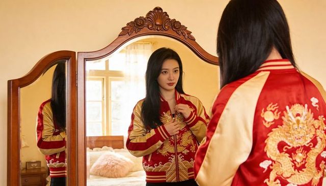 Asian woman zipping red and gold embroidered dragon bomber jacket in ornate wooden mirror