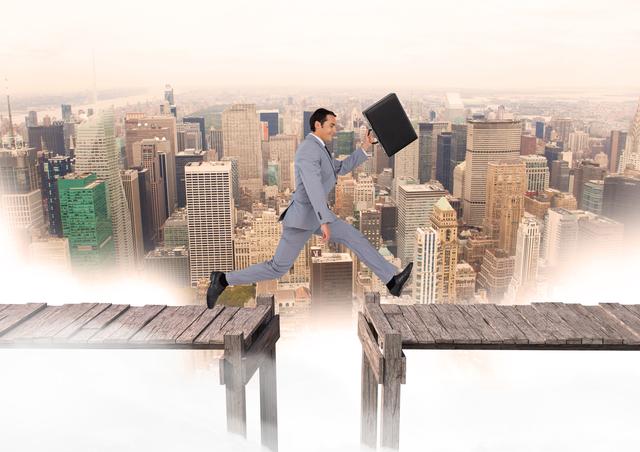 Businessman in suit leaping between two wooden bridges suspended above a city skyline, symbolizing risk-taking, determination, and ambition. Ideal for use in business, investment, and motivational themes.