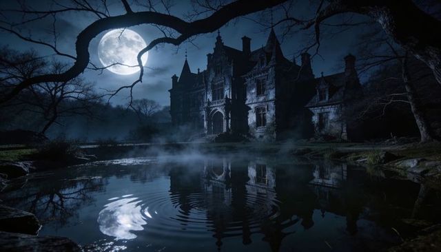 Moonlit gothic mansion looming over misty pond, full moon reflecting and rippling, eerie manor