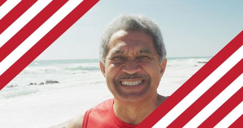 Smiling Senior Man with USA Flag Overlay on Beach