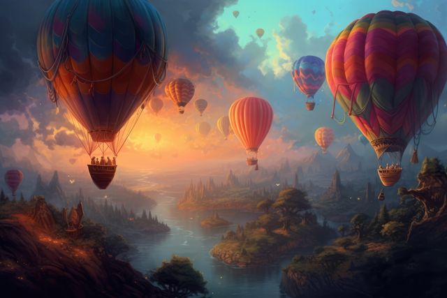 This image showcases a group of vibrant hot air balloons gracefully floating over a scenic river as the sun sets. The warm colors from the setting sun illuminate the landscape, featuring mountains, trees, and a meandering river below. Ideal for travel and adventure promotions, nature enthusiasts, wallpapers, and background designs, this aesthetically pleasing scene captures the essence of exploration and tranquility.