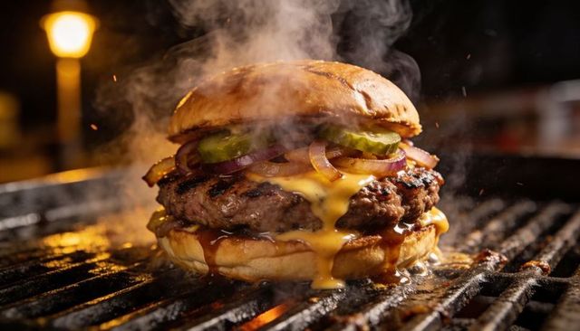 Sizzling brioche cheeseburger melting cheese, pickles and caramelized onions on hot grill