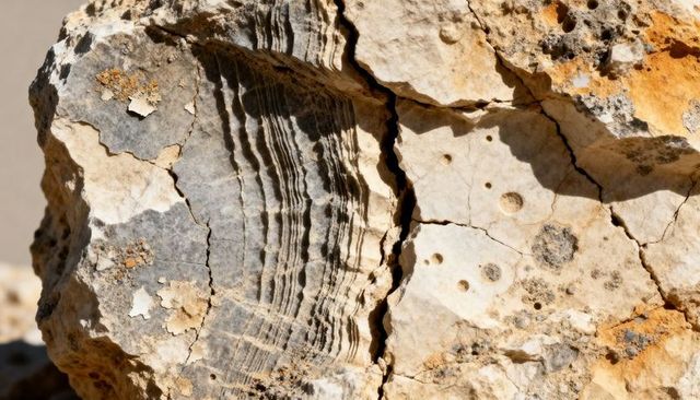 Sunlit sedimentary rock showing curved laminae, vertical fracture, pits and rust staining