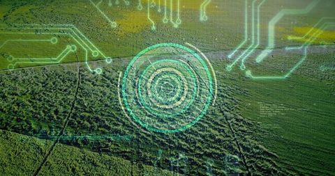 Drone scanning crop fields with futuristic hud and circuit overlay for precision farming