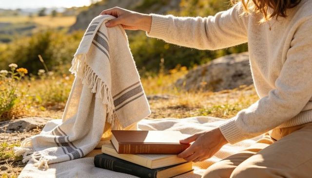 Woman arranging fringed throw and stacking vintage books on sunlit meadow during golden hour