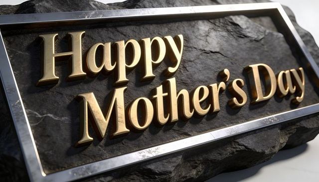 Displaying happy mother's day gold plaque on textured black stone with chrome frame