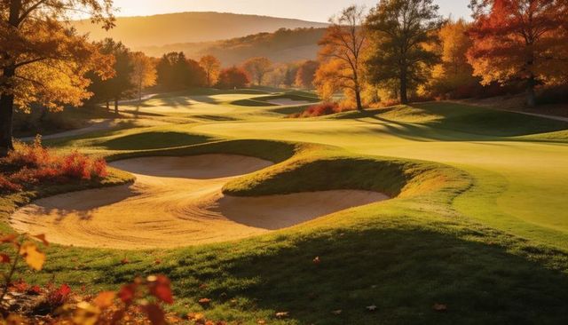 Golden autumn golf course with sculpted bunkers and rolling fairways in sunrise light