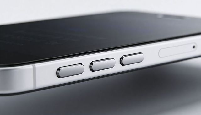 Macro showing silver smartphone side rail with three metallic buttons, recessed sim tray