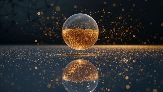 Floating glass orb holding glowing gold particles reflecting on mirror table with glitter bokeh