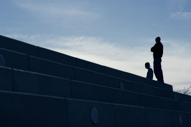 Silhouetted figures standing on steps with a clear sky backdrop. Ideal for themes of solitude, contemplation, or juxtaposition of human elements with architectural structures. Useful in blogs or articles discussing reflections, human interaction with urban spaces, or evening activities.