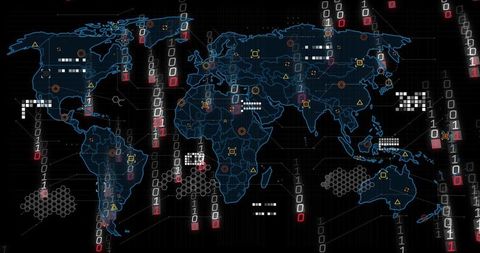 Global Cyber Threat Map Streaming Binary Data, Flagging Network Alerts and Hex Nodes