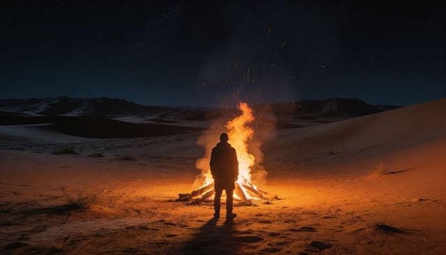 Solitary silhouette warming by bonfire on desert dunes at night with sparks rising