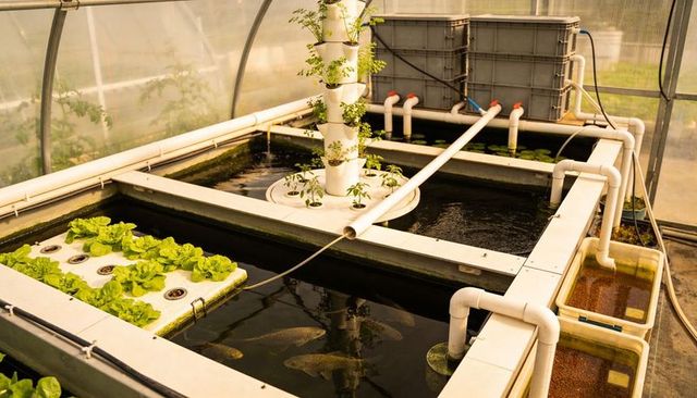Operating greenhouse aquaponic system with fish, lettuce raft and vertical grow tower