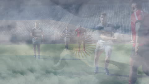 Rugby Players in Action with Argentina Flag Blend