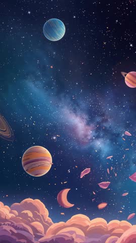Vertical Video: Drifting Stylized Planets Over Pink Cloud Layer with Nebula and Floating Petals