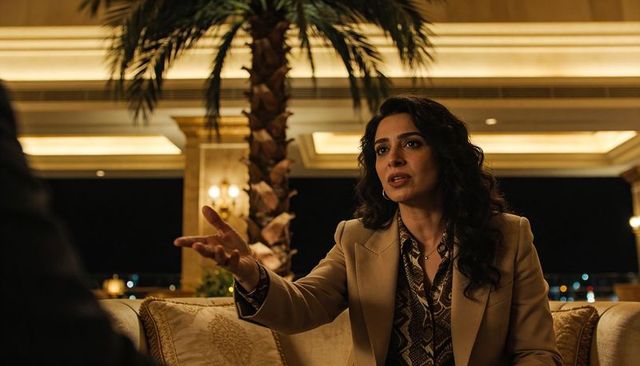 Businesswoman gesturing during evening conversation on luxury hotel terrace